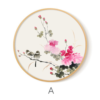 简约现新中式圆形装饰画书房玄关楼梯间挂画 淡雅意境国画花鸟 yx-010