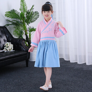 汉服棉麻民族风连衣裙学生国学服儿童古装演出服唐装表演服 湖蓝色