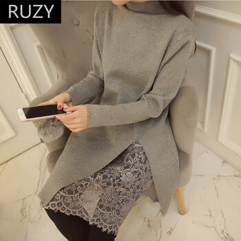 RUZY春季韩版针织毛衣蕾丝连衣裙女 粉色均码