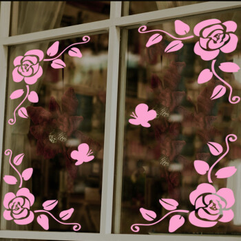 喜艾林 阳台小清新玻璃窗户贴花 橱柜门墙家具贴纸 装店铺橱窗四角玫瑰 粉色 大