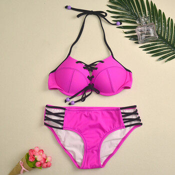 2018新款欧美挂脖性感三点式比基尼泳衣女大小胸钢圈聚拢三角温泉 玫