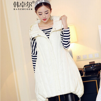 韩卓尔 2015秋冬新品女装加厚连帽长款马甲棉服外套X3066 卡其 2XL