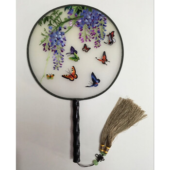 苏绣纯手工刺绣宫扇精品绣花扇子双面绣成品高端礼品中国风团扇 紫藤