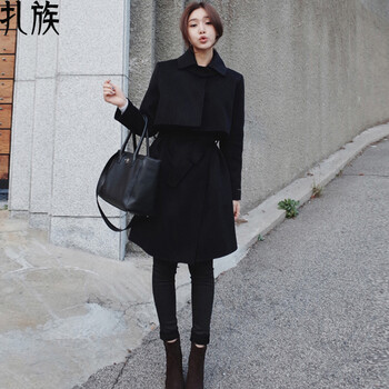 扎族 毛呢大衣女外套韩版羊绒风衣中长款2015冬季新款 黑色 S