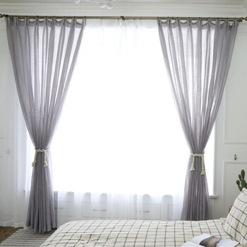 简约现代北欧白色棉麻亚麻窗帘布客厅卧室窗纱 烟灰色 一米打孔定制