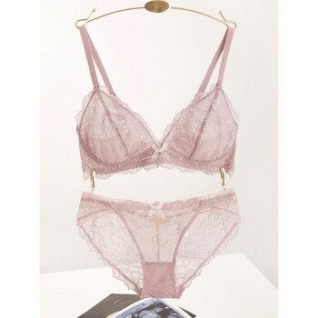 夏季dk文胸套装超薄透气聚拢无钢圈透明性感蕾丝女士内衣 粉肤色 85b=