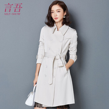 
                                        言吾2017春秋新款英伦风风衣女中长款纯色修身显瘦双排扣外套 白色 M                