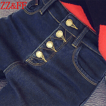 ZZ&FF 2016春季新款加绒加厚显瘦高腰牛仔裤女士小脚长裤女裤子修身 1005 深蓝色 30码