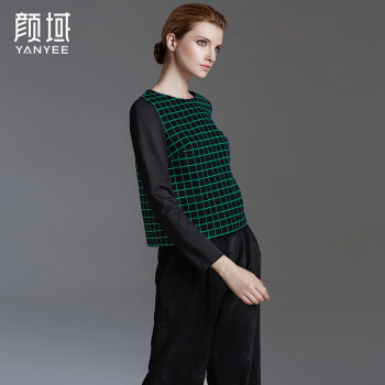 颜域品牌女装2016春装新款欧美时尚圆领长袖百搭拼接格子上衣T恤 70W5772 绿格 XL/42