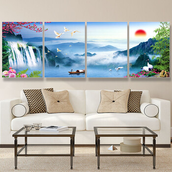 客厅装饰画沙发背景墙挂画四联山水画风水靠山简约现代风景画 大好河
