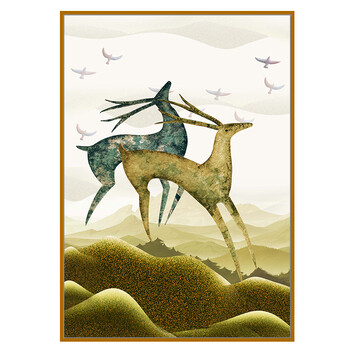 西零小筑发财鹿客厅装饰画 卡通动物沙发书房卧室装饰画sn1610 发财鹿