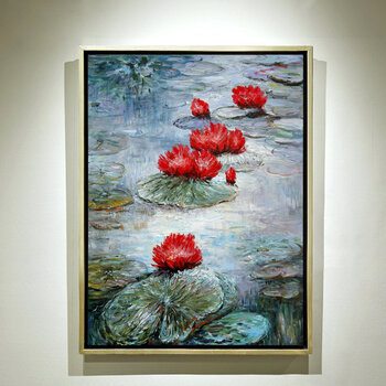 名画手绘油画莫奈荷花睡莲壁画欧式客厅画过道挂画玄关竖版装饰画yw