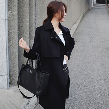 扎族 毛呢大衣女外套韩版羊绒风衣中长款2015冬季新款 黑色 S