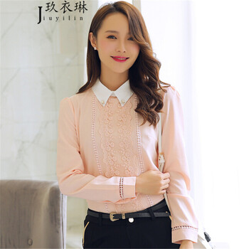 玖衣琳 2015秋装新款女装 镂空翻领雪纺衬衣 长袖修身蕾丝衬衫 粉红色 xl