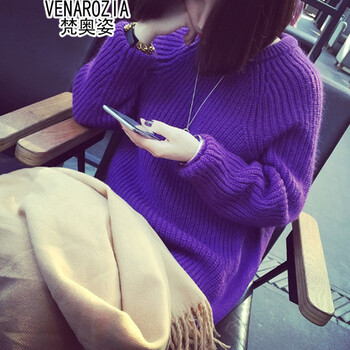 梵奥姿2016秋冬装圆领套头宽松显瘦中长款针织衫连衣裙女 紫色 均码