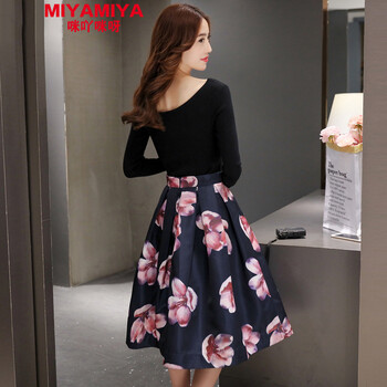 MIYAMIYA套装女秋韩版中长款修身显瘦印花连衣裙 黑色 L