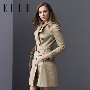 ELLE女装 专柜同款 2015秋冬季双排扣修身中长款外套 中长款风衣女 卡其00 L 170/92A