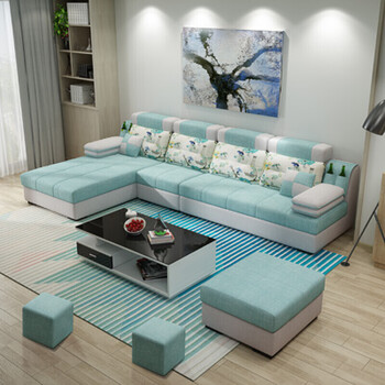 布艺沙发棉麻可拆洗大 小户型l型客厅多人组合转角布沙发家具 青色 2.