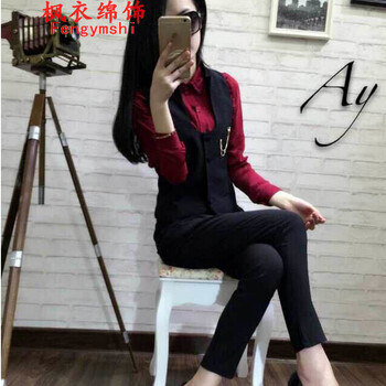 布咪朵2015新款女装时尚修身马甲高腰长裤套装1349T443B 黑色 S