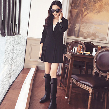 尤纳华菲 小西装女秋2015新款女士小西服中长款百褶裙边外套 西装 8181 黑色 L