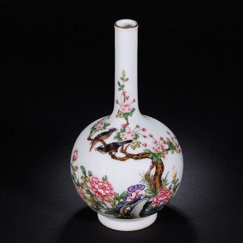 景德镇陶瓷手绘仿古花瓶 花鸟胆瓶 电视柜客厅插花装饰品台面摆件