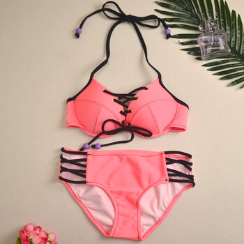 2018新款欧美挂脖性感三点式比基尼泳衣女大小胸钢圈聚拢三角温泉 桔
