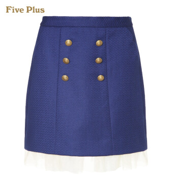 【秒】Five Plus新女冬装荷叶边拼接双排扣羊毛呢半身裙短裙2125071820 深蓝650 S