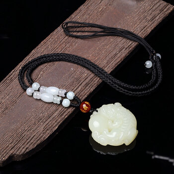 项链女款白玉项坠貔恘饰品 有求必应貔貅平安扣-单面雕(翡翠玉珠棉绳)