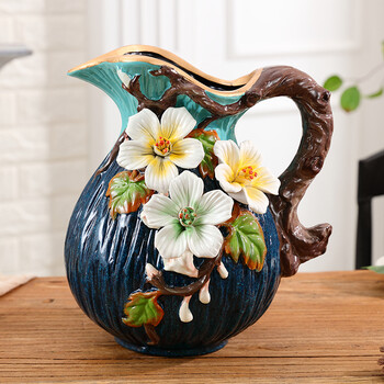 陶瓷花瓶摆件客厅插花欧式创意立体浮雕花插摆盘三件套家居装饰品