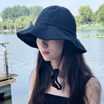渔夫帽带绳日系韩版帽子女夏盆帽遮阳帽 黑色