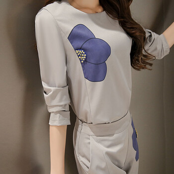 莲朵儿 大码休闲套装2015秋季新品 时尚印花长袖两件套OL职业休闲阔腿裤女 图片色 S