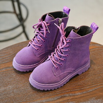 靴子女童马丁靴宝宝短靴冬儿童鞋男童棉靴时尚英伦风皮靴 紫色(单靴)