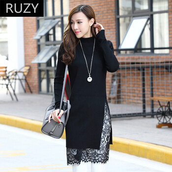 RUZY春季韩版针织毛衣蕾丝连衣裙女 粉色均码