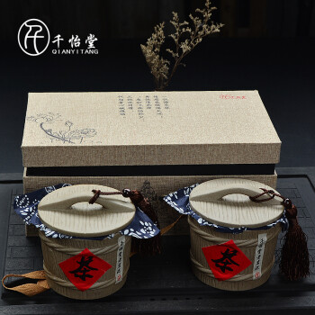 
                                        千怡堂 茶叶罐一桶乾坤双罐对罐陶罐普洱茶仓茶具套装 保鲜储存陶瓷粗陶QYT1104 中号一桶乾坤双罐礼盒装                