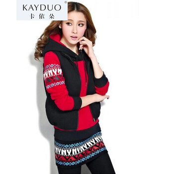 卡依朵KAYDUO2015冬装运动套装短裙女三件套卫衣套装加绒保暖休闲短裙套装 红色 L