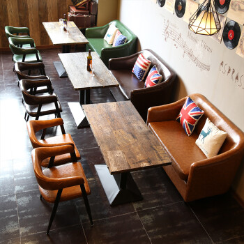西餐厅咖啡厅酒吧扶手椅复古铁艺餐桌椅奶茶甜品店沙发桌椅组合 绿
