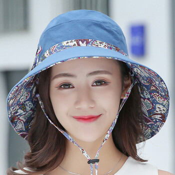 帽子女夏天韩版遮阳帽太阳帽 出游户外防嗮大沿沙滩帽布帽 蓝色(新木