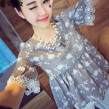 曼哈奴 2016春夏季新款女装上衣韩版甜美气质棉麻雪纺衫女印花收腰百搭喇叭袖娃娃衫 烟灰色 M