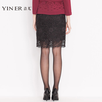 YINER音儿2016春新款 高端蕾丝刺绣钩花百搭半身裙84350080 黑色 170/44/XXL