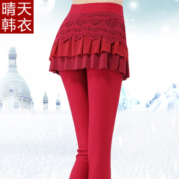 晴天韩衣 2015秋冬新款加绒加厚显瘦假两件打底外穿蕾丝裤裙 黑色加绒 L