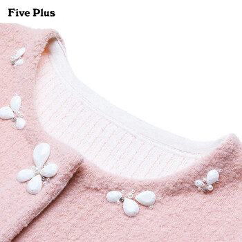 Five Plus新女秋装甜美气质钉珠圆领长袖中长毛衣开衫2143030810 粉红180 M(165/88A)