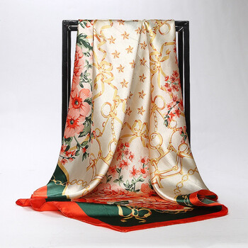 杭州特产丝绸围巾女士丝巾青花瓷风丝绸空调披肩绸缎面大方巾 桔色