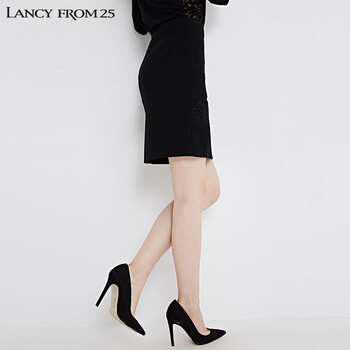 
                                        LANCY朗姿缀钉钻时尚简约百搭包臀半身裙LC14403WSK005 黑色 M                