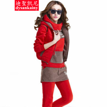 迪聖凯尼 2015秋季新品冬装休闲套装运动服大码加绒加厚卫衣女三件套005 大红色 XXL