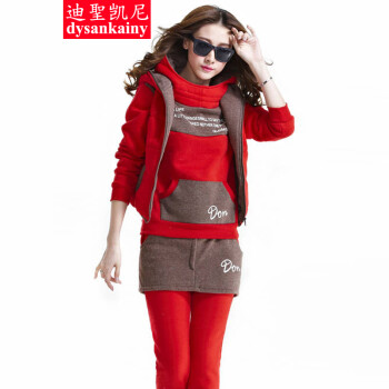迪聖凯尼 2015秋季新品冬装休闲套装运动服大码加绒加厚卫衣女三件套005 大红色 XXL