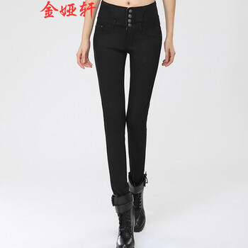 金娅轩冬装女装韩版加绒加厚牛仔裤铅笔裤小脚裤长裤女 黑色加绒 28码