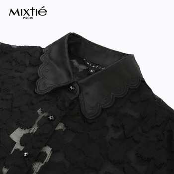 Mixtie美诗缇 2015秋季新款桑蚕丝时尚黑色豹纹性感透视衬衫 黑色 L
