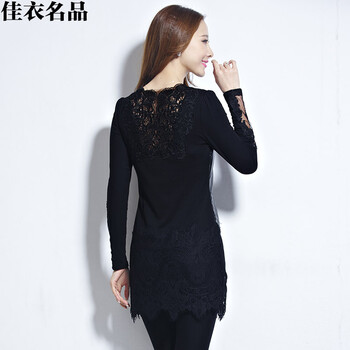 佳衣名品 2015秋冬加绒加厚长袖蕾丝PU皮中长款打底小衫加大码女装T恤上衣 T8015 黑色 XXL
