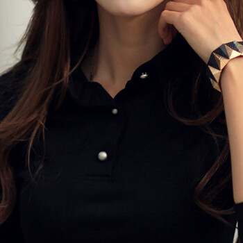 mineeor 2015年秋冬季款纯色棉质修身翻领T恤女长袖大码装 黑色 M