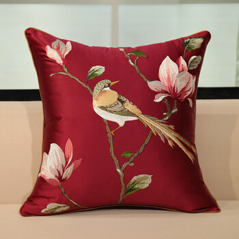 中式沙发花鸟刺绣抱枕沙发靠垫床头大靠背汽车靠枕套 酒红色 百灵鸟